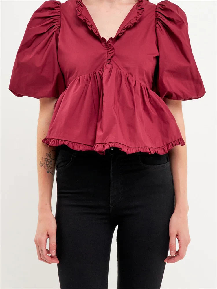 Puff Sleeve Ruffle Trim V-neck Blouse