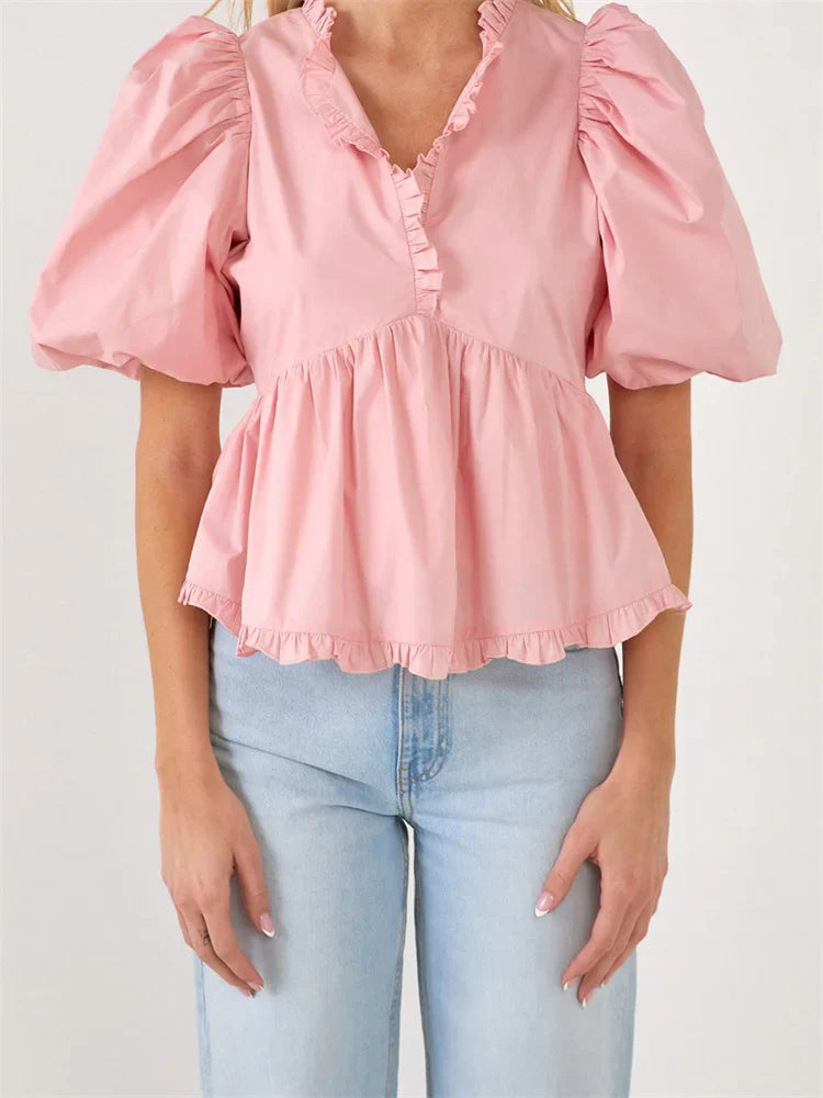 Puff Sleeve Ruffle Trim V-neck Blouse