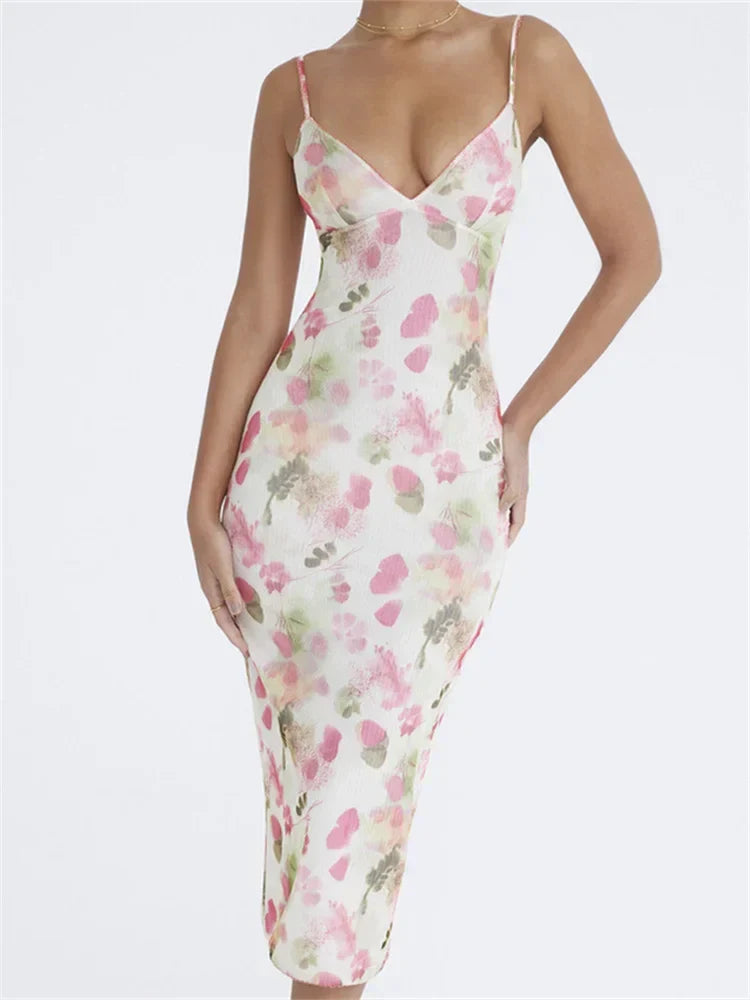 Floral Spaghetti Strap V-Neck Bodycon Midi Cocktail Dress - View 5