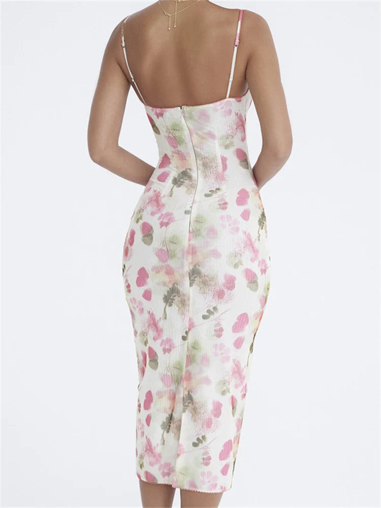 Floral Spaghetti Strap V-Neck Bodycon Midi Cocktail Dress - View 6