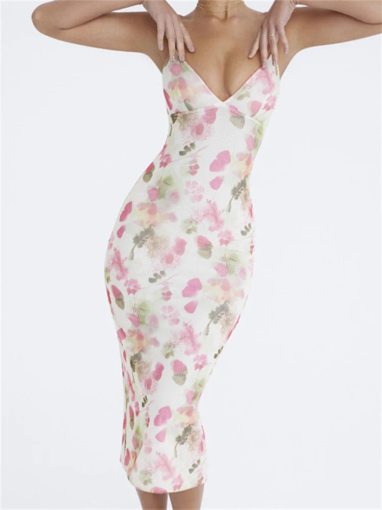 Floral Spaghetti Strap V-Neck Bodycon Midi Cocktail Dress - View 3