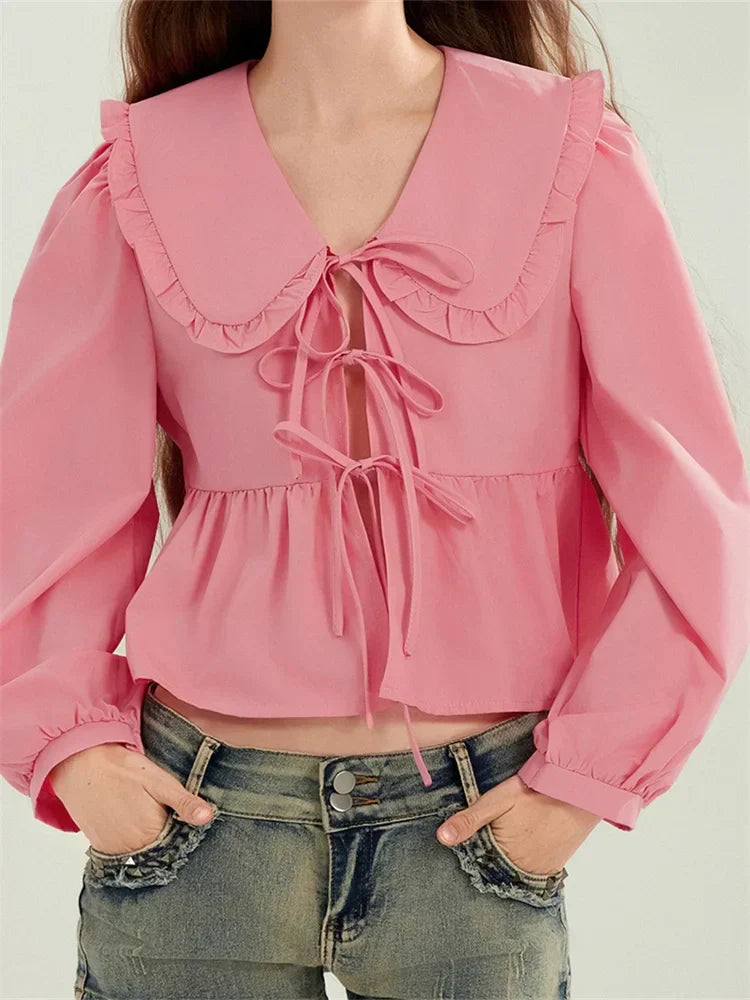 Ruffled Turn-Down Neck Tie-Up Blouse