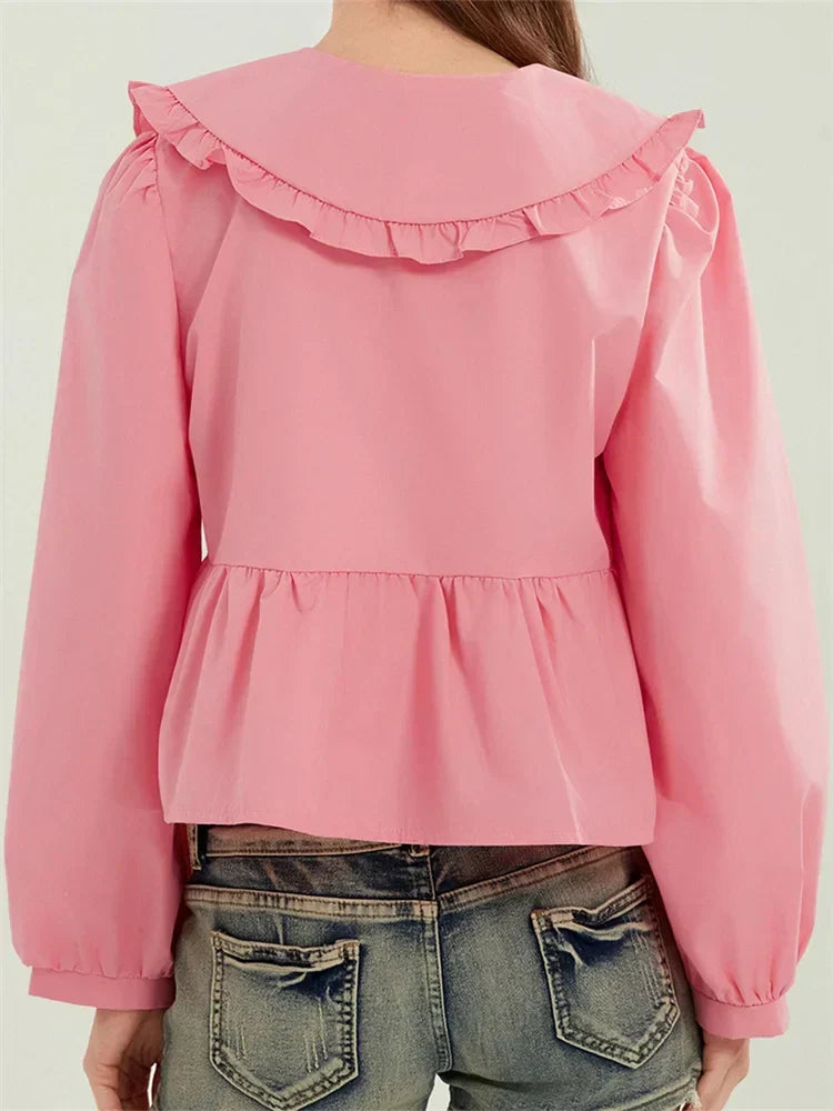 Ruffled Turn-Down Neck Tie-Up Blouse