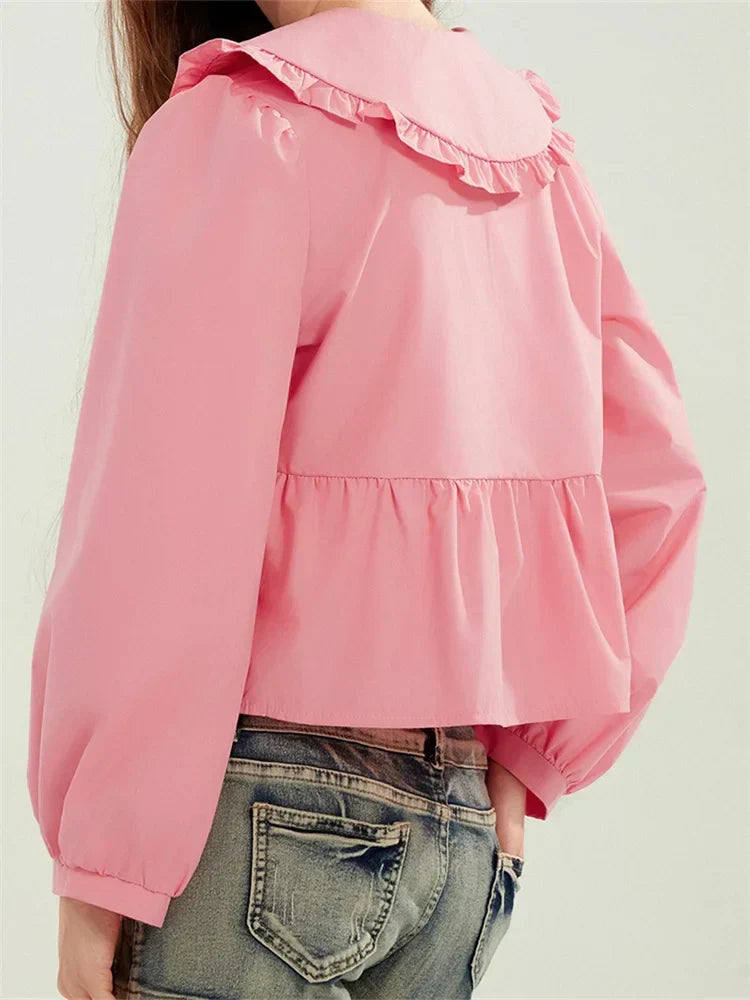 Ruffled Turn-Down Neck Tie-Up Blouse