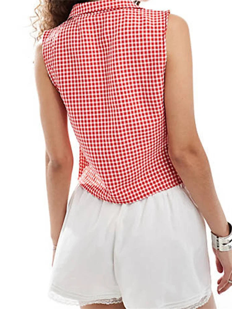 Split Tie-up Plaid Lapel Collar Tank Crop Top
