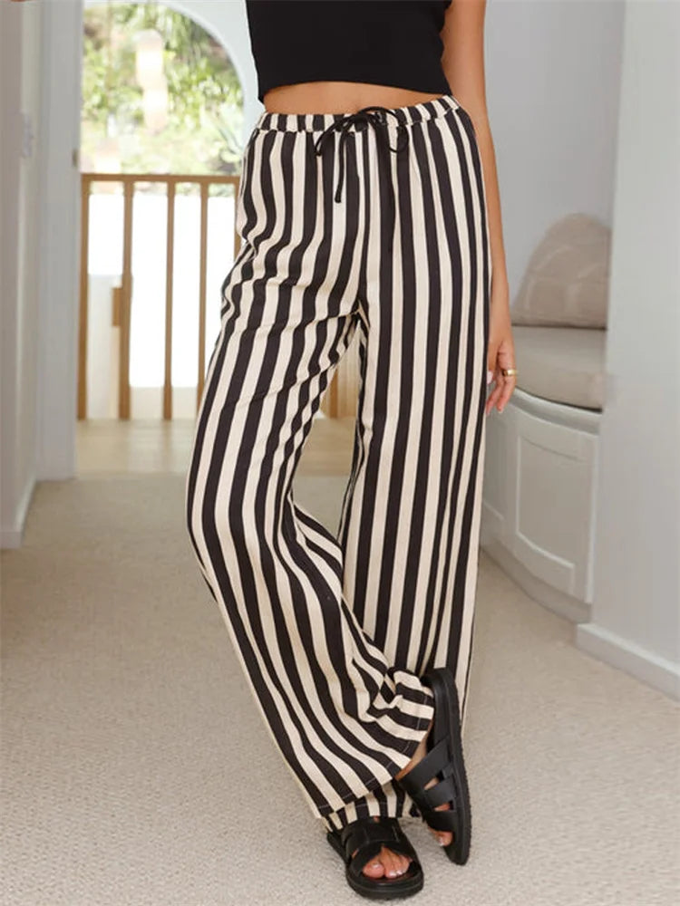 Baggy Striped Drawstring Wide Leg Summer Pant