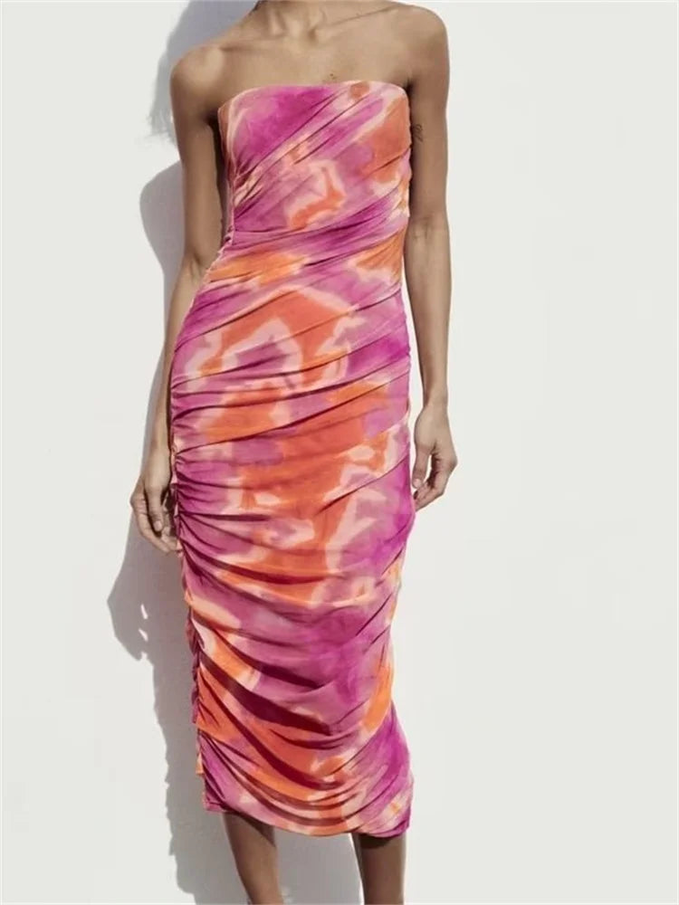 Tie Dye Strapless Ruched Bodycon Maxi Dress 7