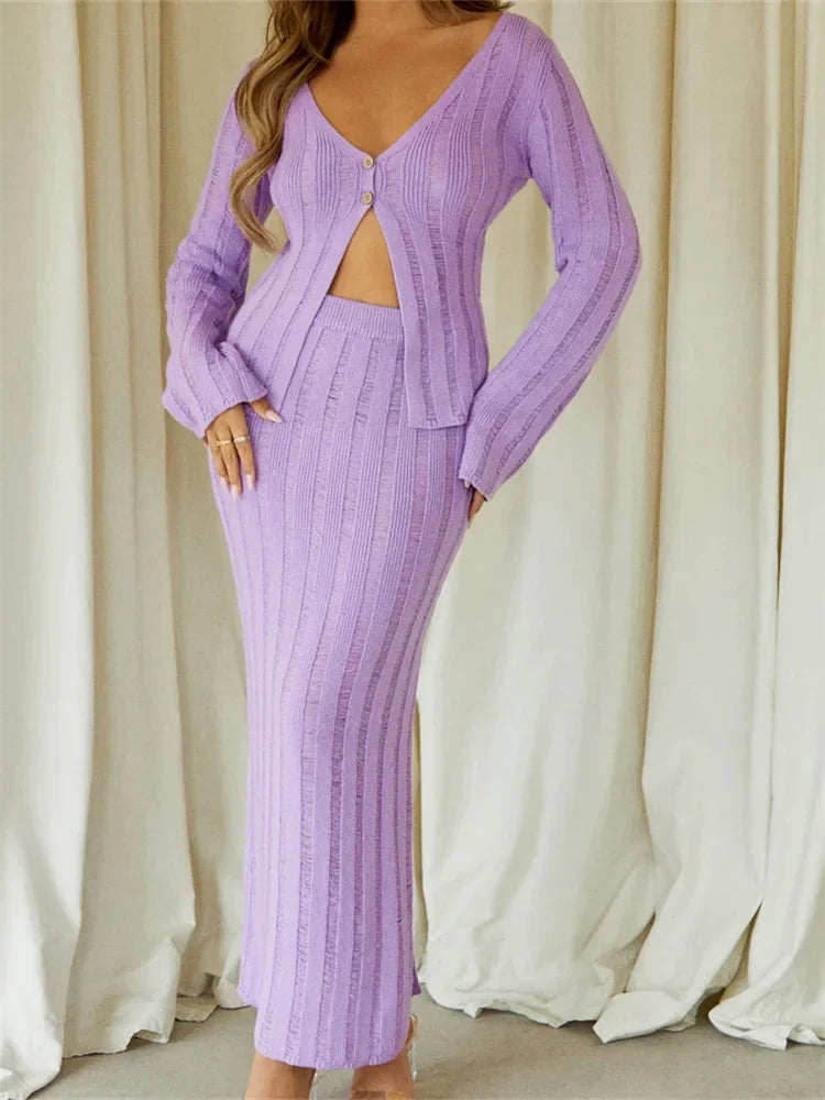 Buttons Up Sweater Tops High Waist Side Split Long Skirts Suits 2