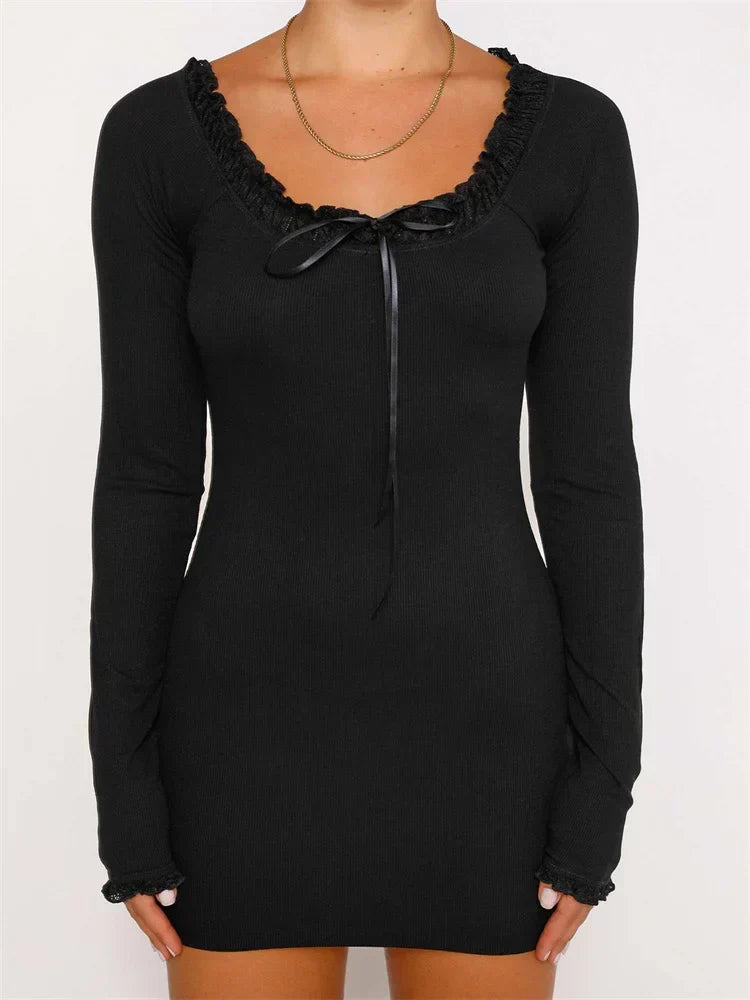 Ribbed Scoop Neck Long Sleeve Lace Trim Bodycon Mini Dress
