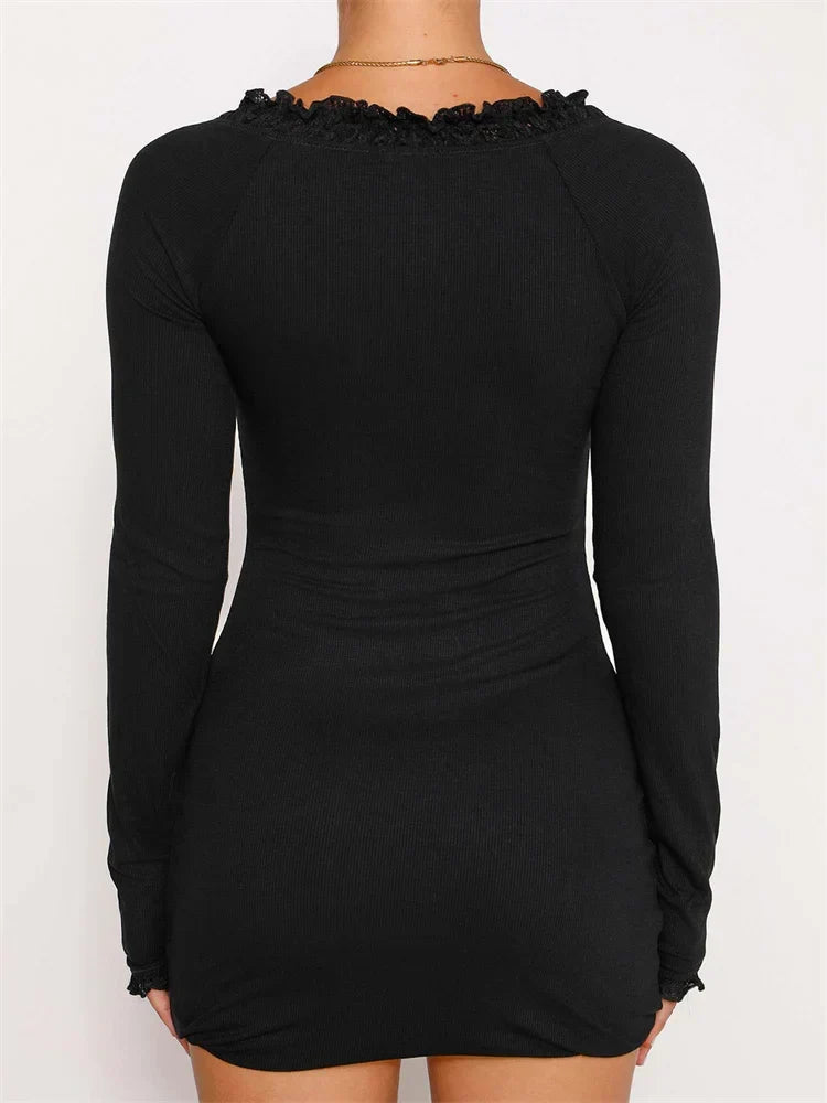 Ribbed Scoop Neck Long Sleeve Lace Trim Bodycon Mini Dress
