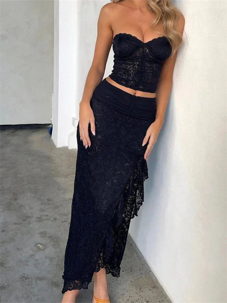 Lace Floral Bustiers Crop Top High Split Long Skirt Set