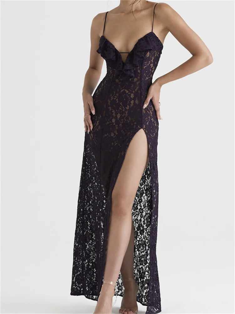 Lace Deep V-Neck Ruffle High Split Cami Maxi Dress 5