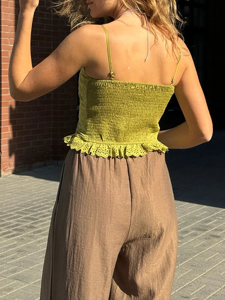 Lace Sleeveless V-neck Criss-cross Tie-up Crop Top