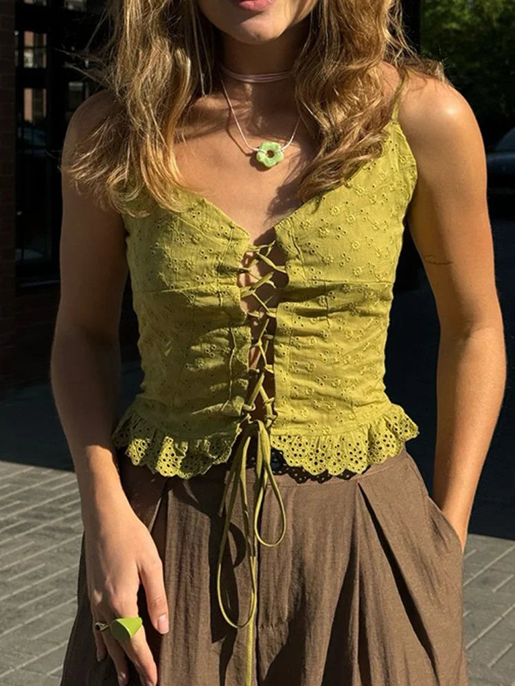 Lace Sleeveless V-neck Criss-cross Tie-up Crop Top