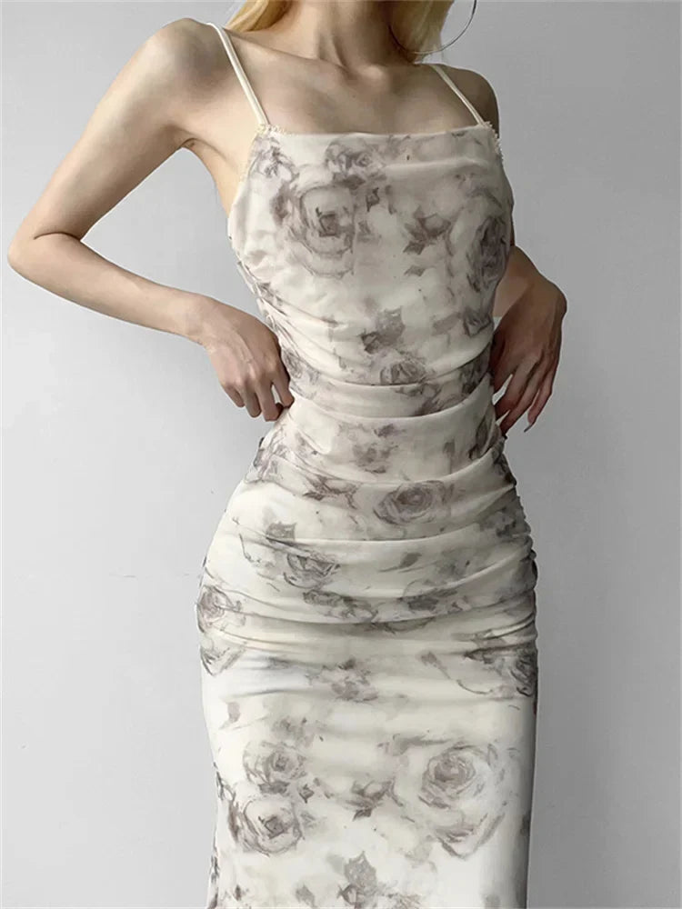 Floral Mesh Cowl Neck Ruched Bodycon Maxi Dress 3