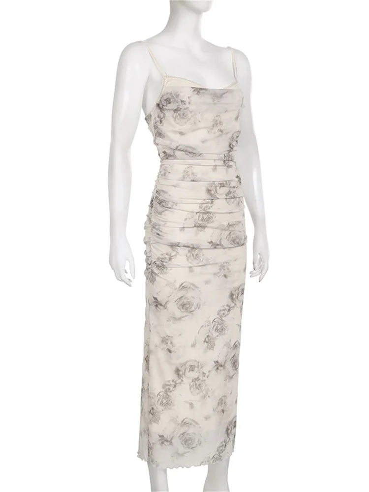 Floral Mesh Cowl Neck Ruched Bodycon Maxi Dress 6