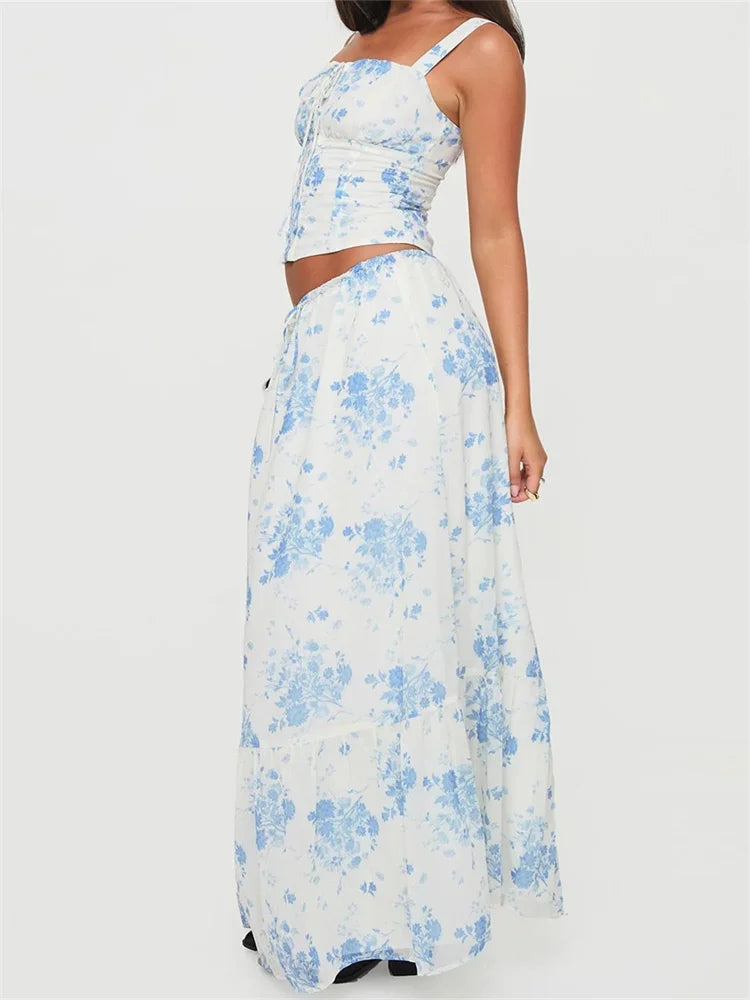 Retro Square Neck Button Up Tank Top Flower Print Long Skirt