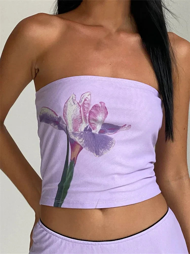 Retro Floral Strapless Backless Party Crop Top