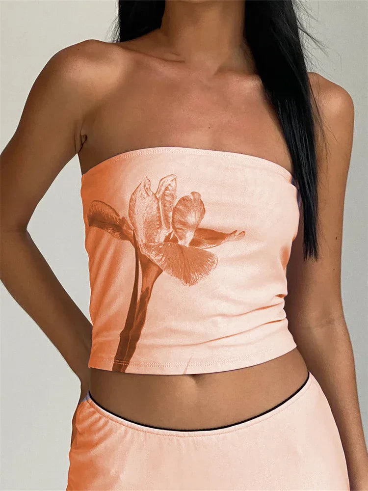 Retro Floral Strapless Backless Party Crop Top
