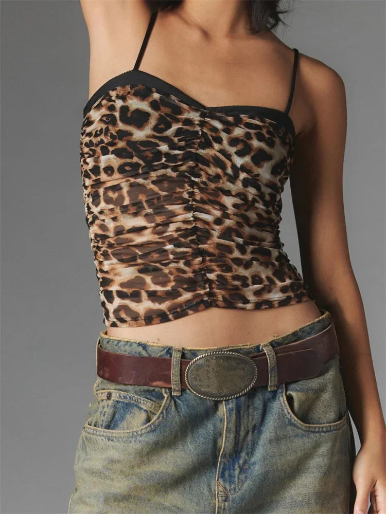 Ruched Floral Leopard Spaghetti Strap Crop Top