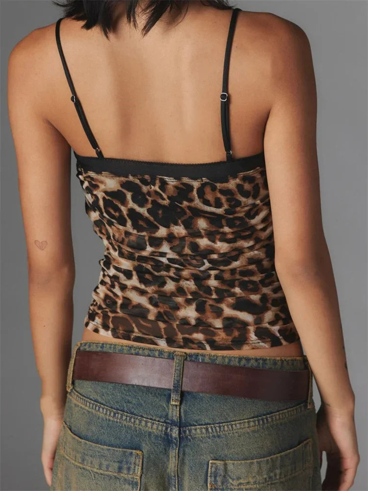 Ruched Floral Leopard Spaghetti Strap Crop Top
