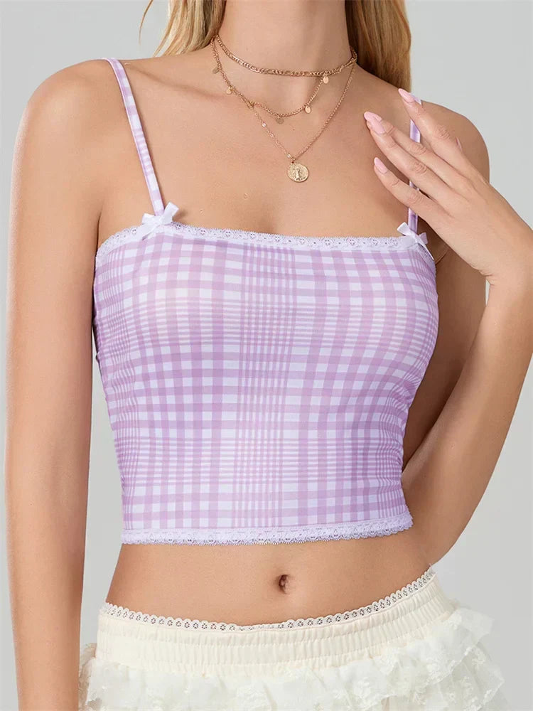 Plaid Bow Lace Trim Square Neck Crop Top