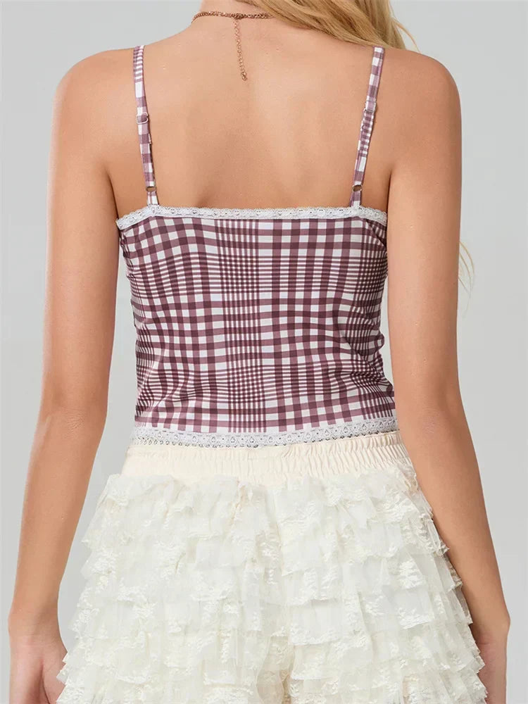 Plaid Bow Lace Trim Square Neck Crop Top