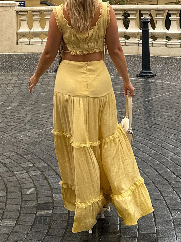 Retro Lace Trim Sleeveless Square Neck Tank Crop Top with Long Skirt Set