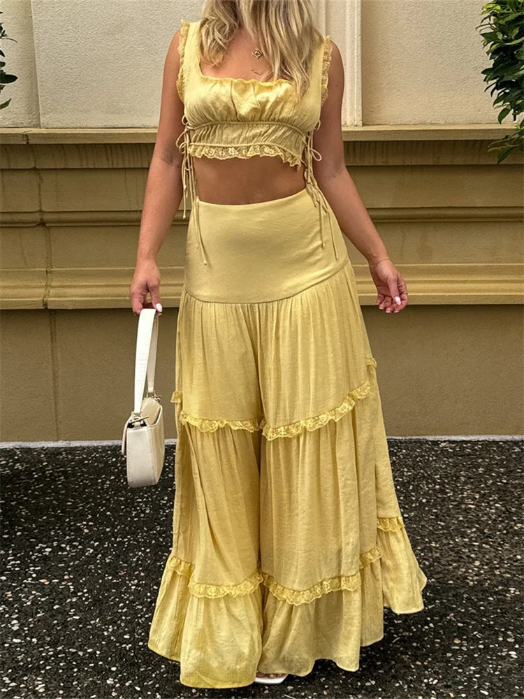 Retro Lace Trim Sleeveless Square Neck Tank Crop Top with Long Skirt Set