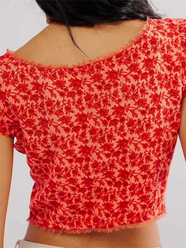 Retro Slim Fit Floral Button V-neck Crop Top