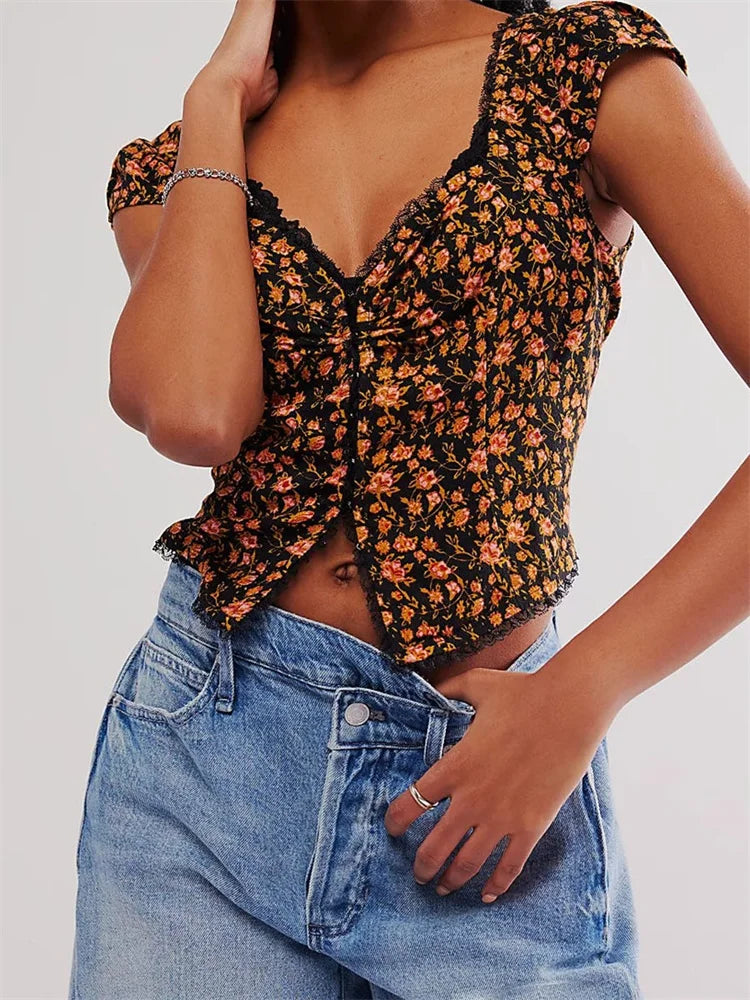Retro Slim Fit Floral Button V-neck Crop Top