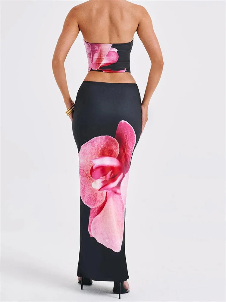 Sexy Floral Print Tube Top Elastic Waist Bodycon Skirt Set