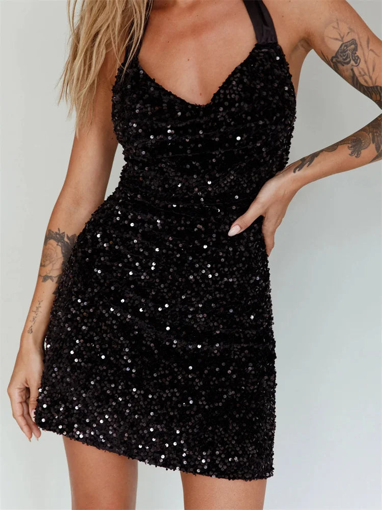 Sequin Halter Neck Ruched Bodycon Mini Dress