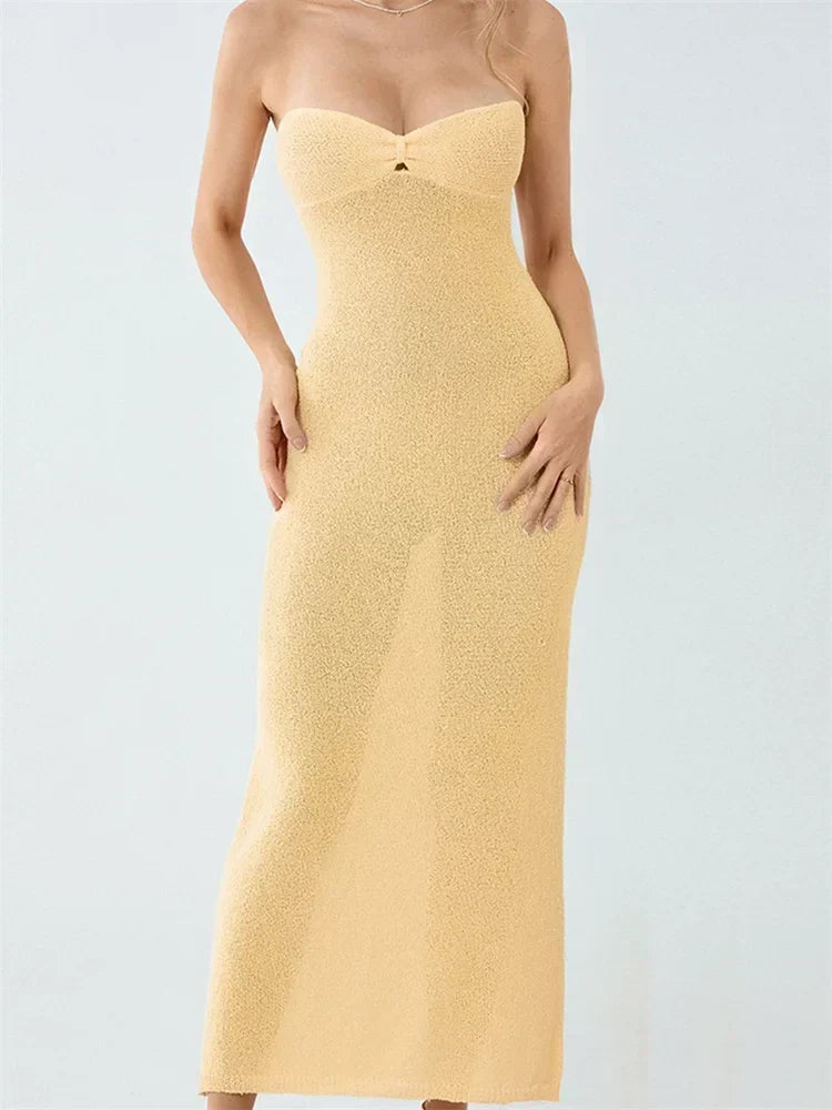 Knit Strapless Twist Front Bodycon Maxi Dress 3