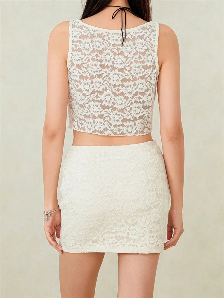 Sexy Lace Sleeveless Tank Crop Top with Short Mini Skirt Set