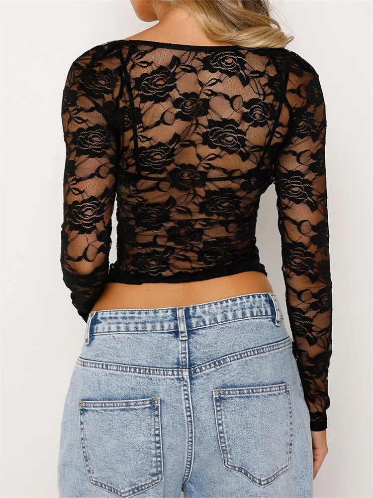 Sexy Floral Mesh Sheer Long Sleeve Crop Top