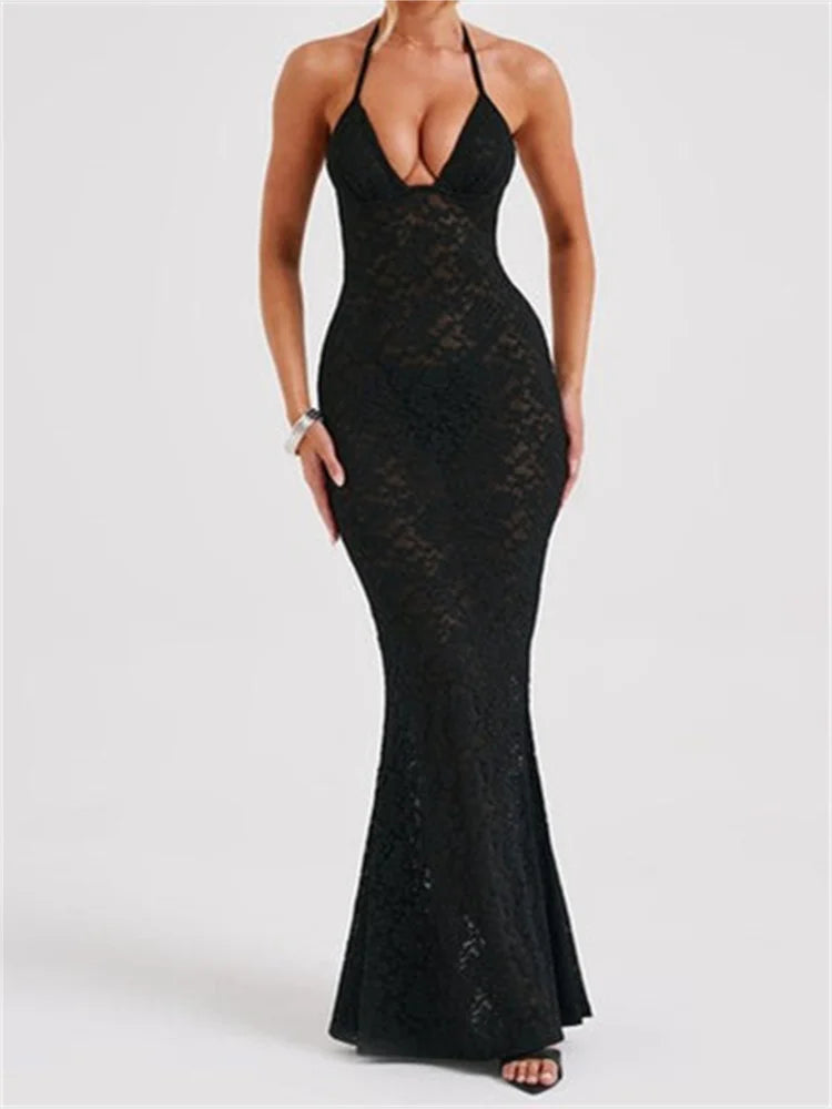 Sexy Women Lace Mesh See Through Summer Off Shoulder V-Neck Halter Black Beach Female Vestidos