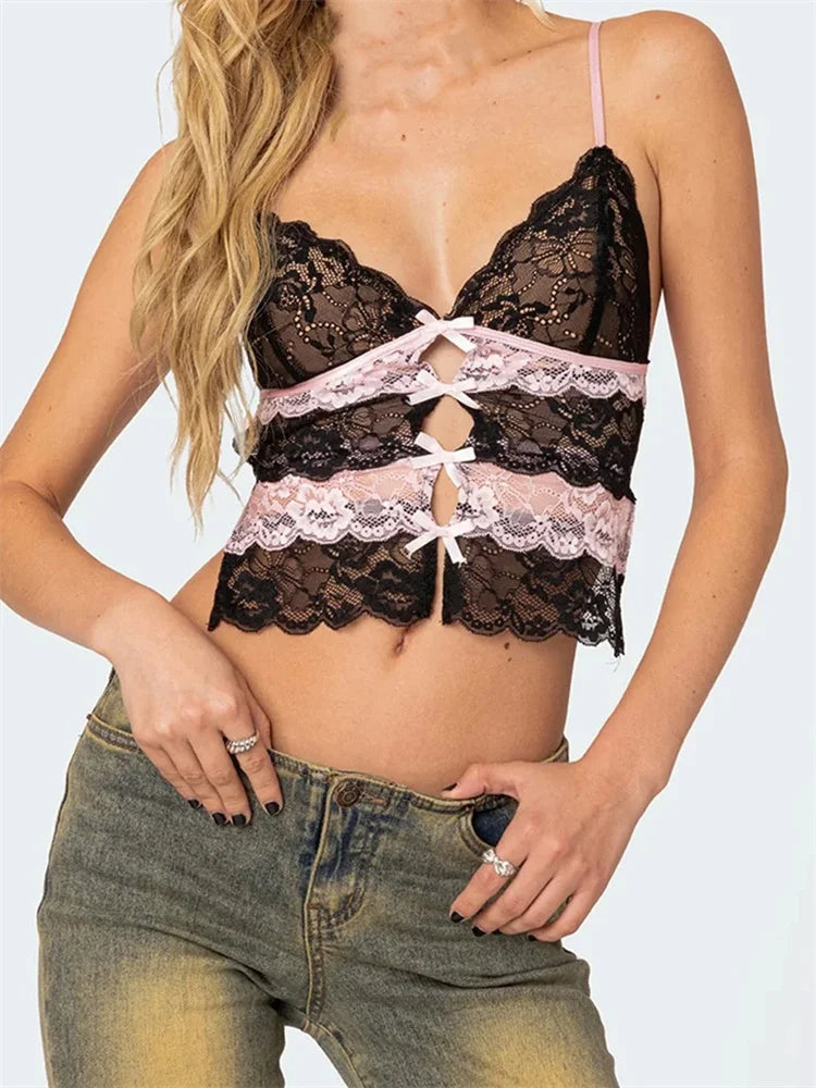 Slim Lace Bowknot Cutout Spaghetti Crop Top