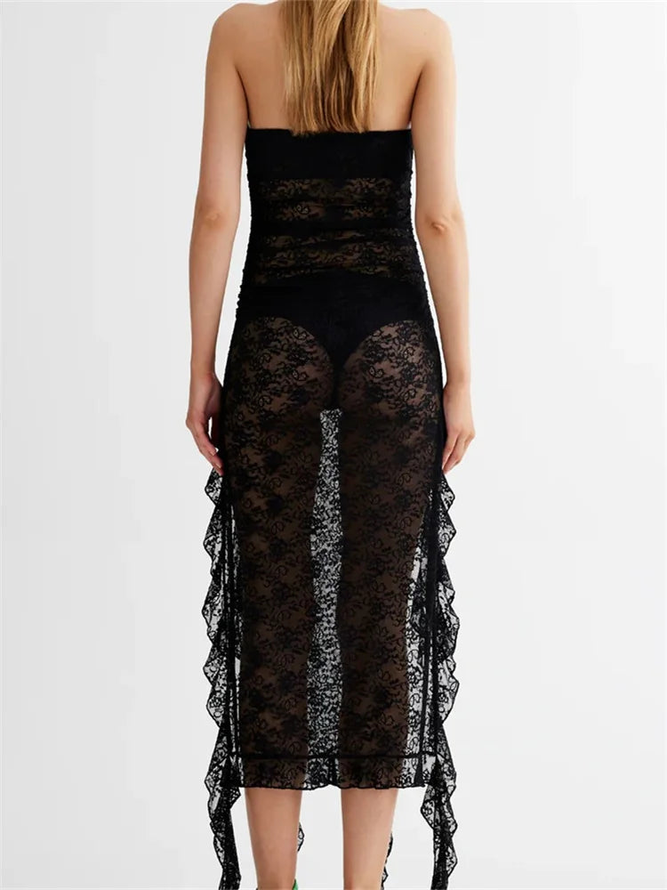 Sheer Lace Strapless Ruffle High Low Dress 5