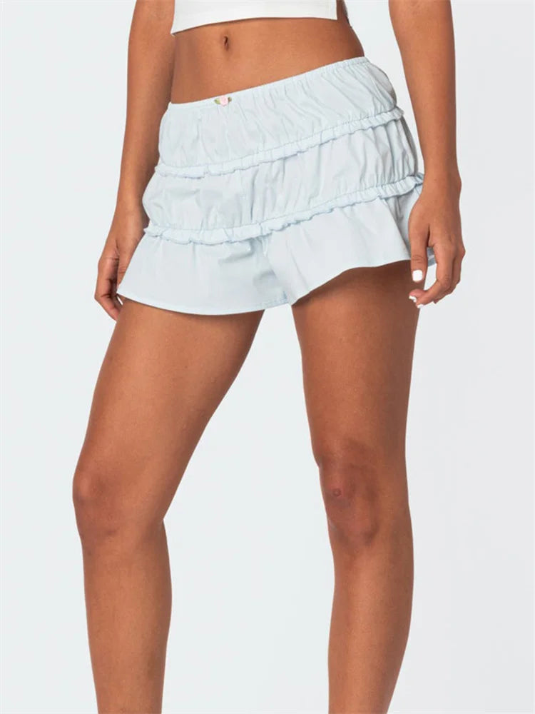 Ruffled Solid Elastic Waist Short