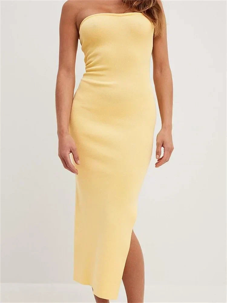 Ribbed Knit Strapless High Split Bodycon Midi Dress 7