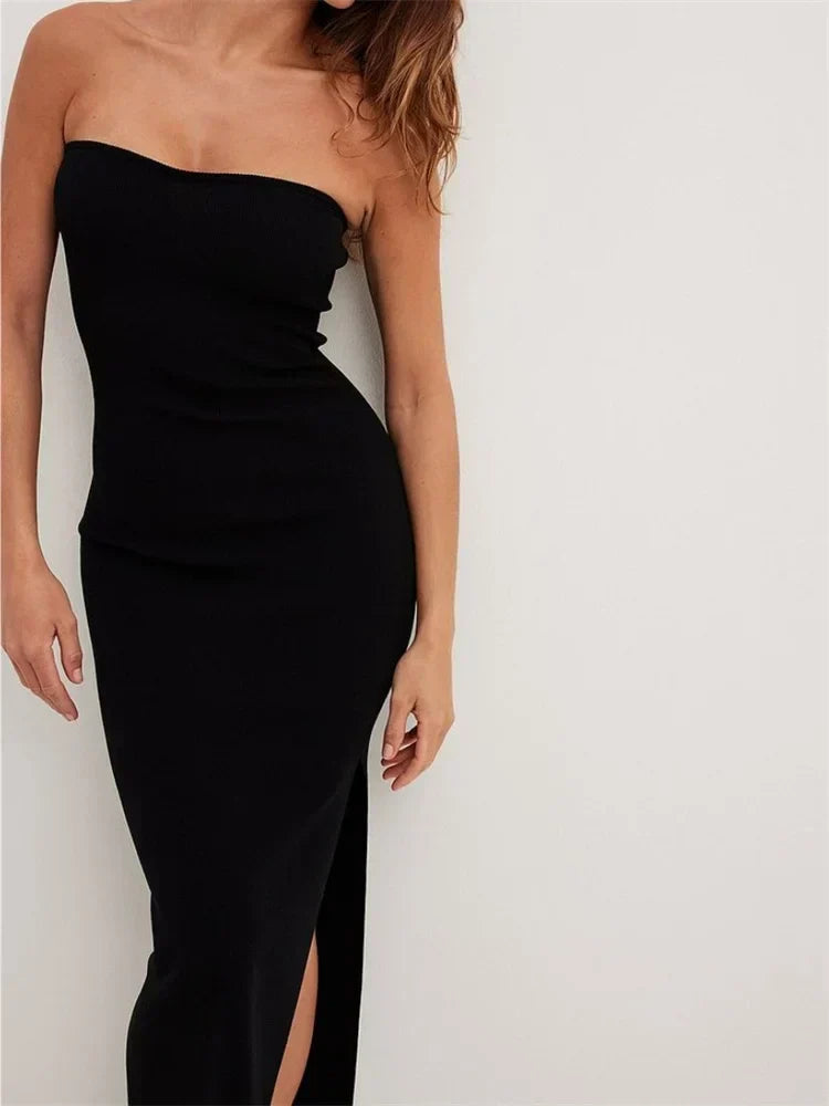 Ribbed Knit Strapless High Split Bodycon Midi Dress 2