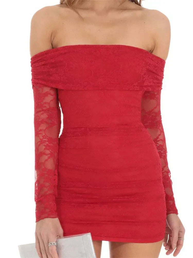 Lace Off Shoulder Long Sleeve Ruched Bodycon Mini Dress - View 4