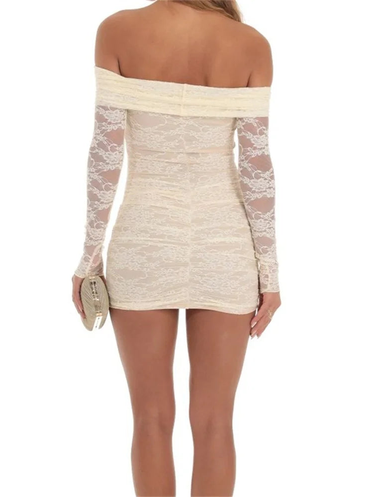 Lace Off Shoulder Long Sleeve Ruched Bodycon Mini Dress - View 3
