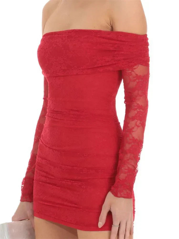 Lace Off Shoulder Long Sleeve Ruched Bodycon Mini Dress - View 6