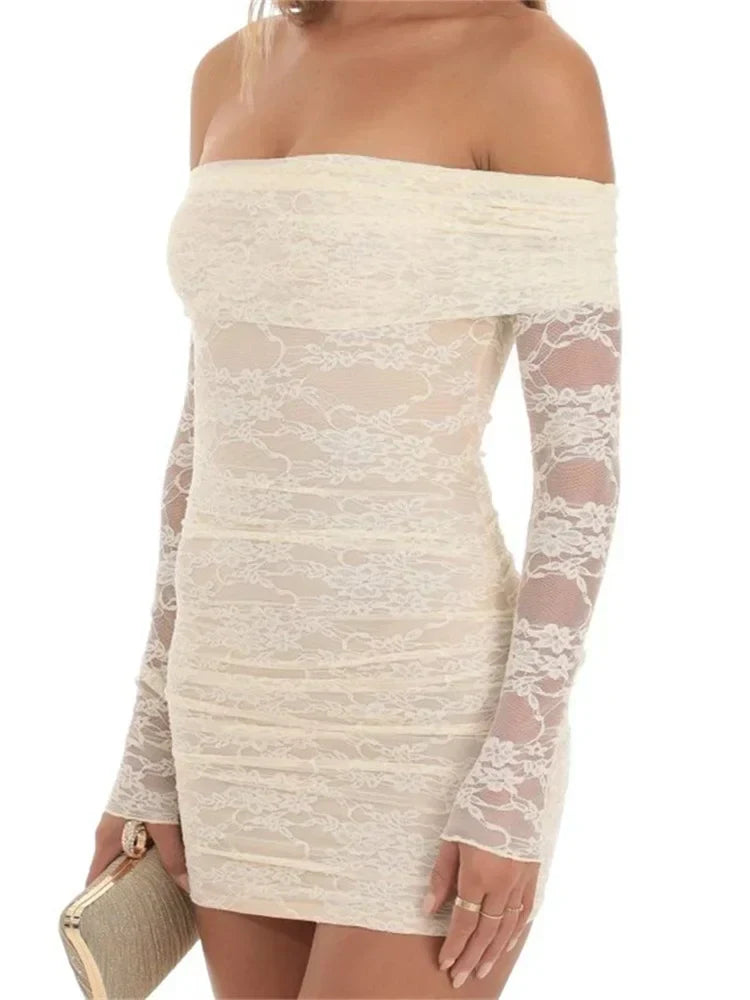 Lace Off Shoulder Long Sleeve Ruched Bodycon Mini Dress - View 2