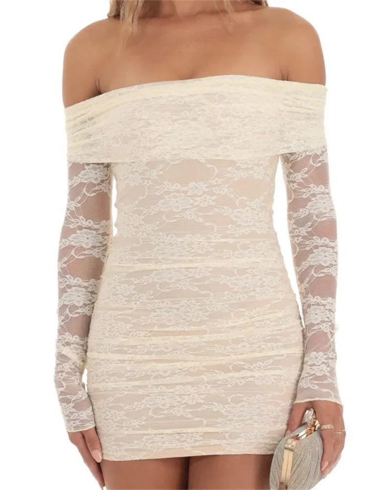 Lace Off Shoulder Long Sleeve Ruched Bodycon Mini Dress