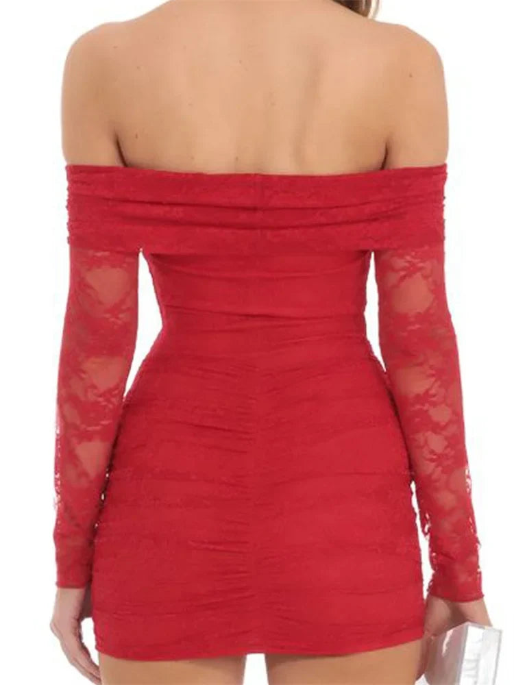 Lace Off Shoulder Long Sleeve Ruched Bodycon Mini Dress - View 5
