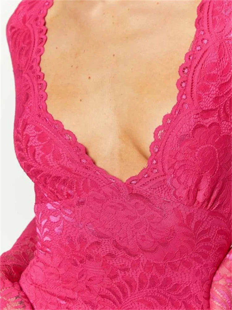 Floral Lace Deep V-Neck Long Sleeve Bodycon Mini Dress - View 2