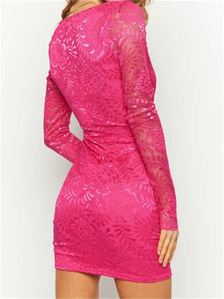 Floral Lace Deep V-Neck Long Sleeve Bodycon Mini Dress - View 6